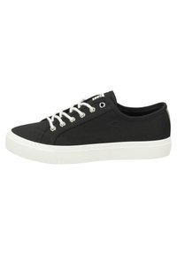 Schwarze Leinen-Sneaker mit weißem Schnürverschluss, Gummisohle und minimalistischer Gestaltung. Mit genähten Akzenten und einem Markenetikett auf der Zunge.