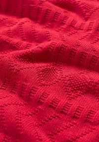 Tessuto rosso lavorato a maglia con un motivo testurizzato che presenta forme a zigzag e a diamante. La superficie è liscia e morbida, mostrando un'artigianalità dettagliata.