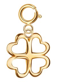 Złoty wisiorek w kształcie serca z czterema połączonymi sercami, gładka powierzchnia, błyszczące wykończenie i okrągłe zapięcie na górze do mocowania.