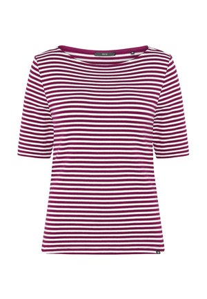 Chemise à manches courtes avec des rayures horizontales violet et blanc, un col rond, et une petite étiquette de marque noire sur l'ourlet inférieur.