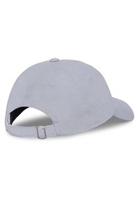 Szürke szövet baseball sapka ívelt karimával, állítható pánttal hátul, és diszkrét hímzett logóval az oldalon. Strukturált anyag.