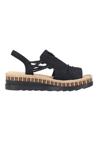 Czarna sandały z teksturowaną, pomarszczoną cholewką, plecioną podeszwą środkową i paskami dekoracyjnymi. Posiadają regulowany pasek i płaską, gumową podeszwę.