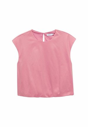 Lyserød kortærmet top lavet af blødt bomuld, med rund halsudskæring, en nøglehul detalje på ryggen og en let løs pasform med korte ærmer.
