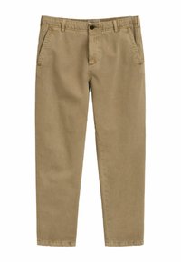 Chinos marrones con un diseño de pierna recta, hechos de tela de algodón. Presenta bolsillos frontales y un cierre de botón en la cintura.