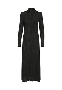 Schwarzes Langarmkleid aus geripptem Stoff mit hochgeschlossenem Kragen, das vertikale Streifen und eine lockere Silhouette aufweist und bis zur Mitte der Wade reicht.