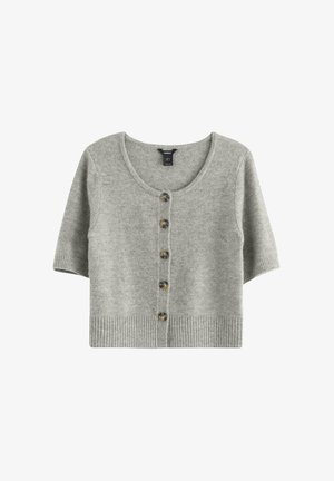Šedý pletený kardigan s krátkým rukávem a kulatým výstřihem, s pěti knoflíky vpředu a žebrovaným lemem a manžetami. Měkká, strukturovaná tkanina.