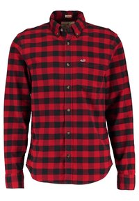 Czarna i czerwona koszula z długim rękawem w kratkę, z kieszonką na piersi i małym haftowanym logo.