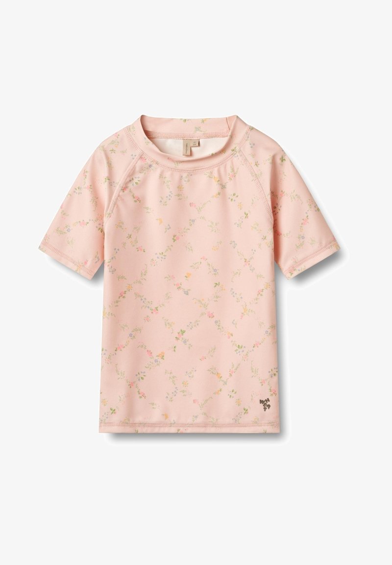 Kortärmad rashguard i ljusrosa tyg med blommönster. Har raglanärmar och en liten logotypaccent vid fållen.