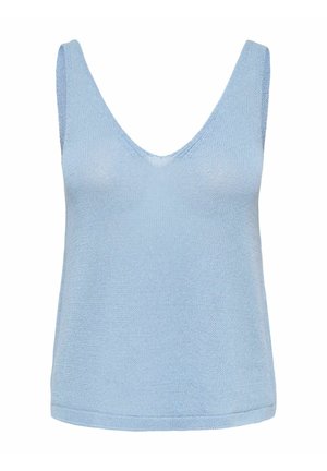 Lyseblå strikket tanktop med dyb V-udskæring og brede skulderstropper. Blød tekstur og afslappet pasform. Ingen synlige mønstre eller hardware.