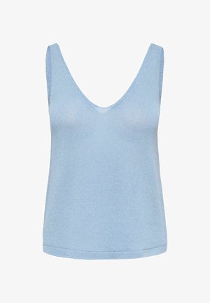 Lichtblauwe gebreide tanktop met een diepe V-hals en brede schouderbanden. Zachte textuur en een losse pasvorm. Geen zichtbare patronen of details.