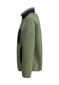 Fleece jacket in olive green with a navy collar, featuring a textured exterior, side pockets, and a relaxed fit. Full-zip front.