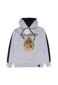 Szary sweatshirt z czarnym kapturem, z wielokolorowym nadrukiem herbu Hogsmeade oraz napisem "HOGWARTS SCHOOL OF WITCHCRAFT AND WIZARDY".