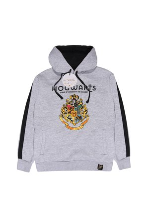 Sweatshirt gris avec une capuche noire, arborant l'écusson de Poudlard en impression multicolore et le texte "ÉCOLE DE SORCELLERIE ET DE SORCELERIE DE POUDLARD".