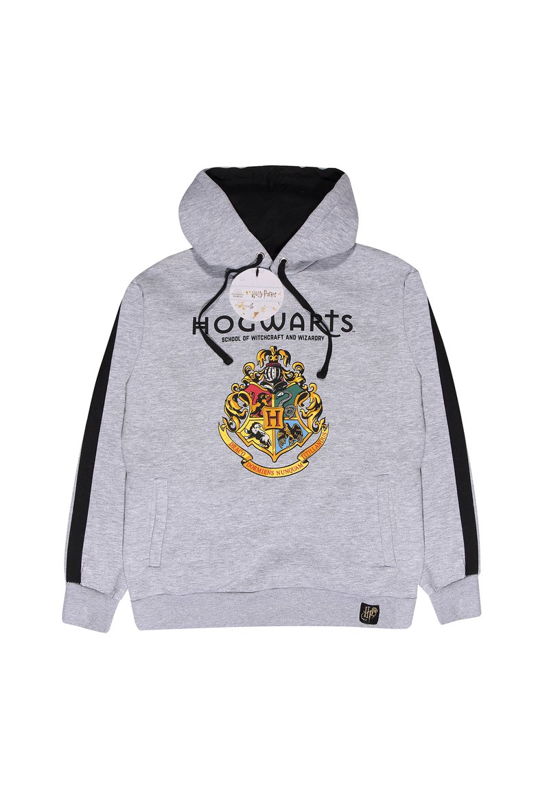 Szary sweatshirt z czarnym kapturem, z wielokolorowym nadrukiem herbu Hogsmeade oraz napisem "HOGWARTS SCHOOL OF WITCHCRAFT AND WIZARDY".