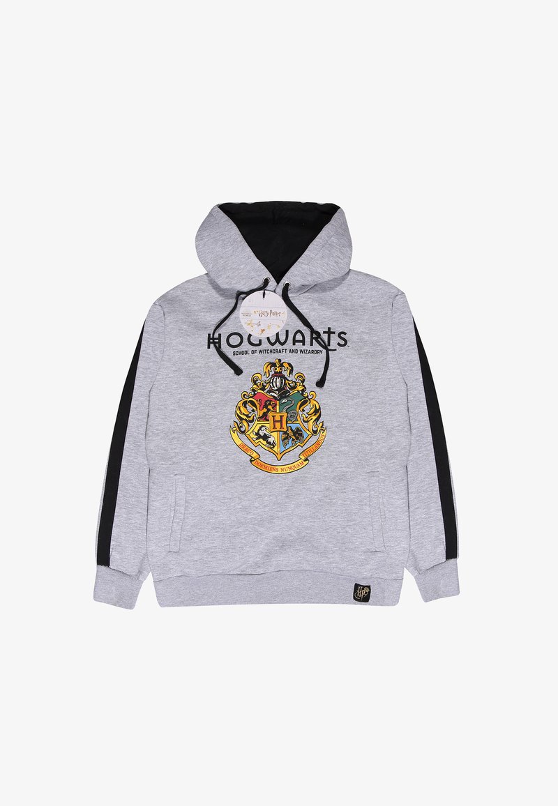 Szary sweatshirt z czarnym kapturem, z wielokolorowym nadrukiem herbu Hogsmeade oraz napisem "HOGWARTS SCHOOL OF WITCHCRAFT AND WIZARDY".