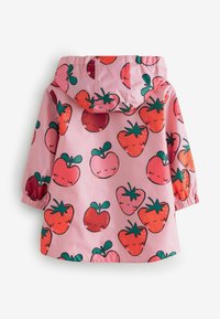 Pinke wasserdichte Jacke mit einem Obstmuster aus lächelnden Erdbeeren. Mit Kapuze, elastischen Bündchen und einem lockeren Schnitt.