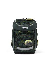 Grüner und schwarzer Rucksack mit Spritzmuster, ausgestattet mit einem vorderen Fach, ergonomischem Design und einem Traktorbild auf der Vordertasche.