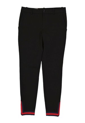 Pantalon noir slim-fit avec passants de ceinture, fermeture à bouton et zip à l'avant, poches latérales et détails de bandes rouges et bleues aux ourlets des chevilles.