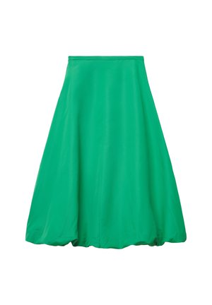 Green, knee-length A-line skirt made of smooth, lightweight fabric. Features a high waistband and flared design, providing fluid movement.