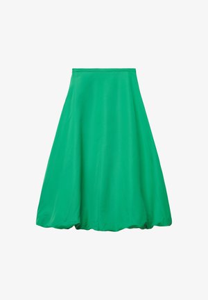 Gonna svasata verde, lunghezza al ginocchio, realizzata in tessuto liscio e leggero. Presenta una fascia alta in vita e un design svasato che offre movimenti fluidi.