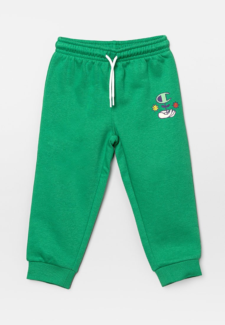 Pantaloni della tuta verdi realizzati in materiale morbido, con vita elastica e cordino, e una grafica decorativa sulla coscia sinistra.