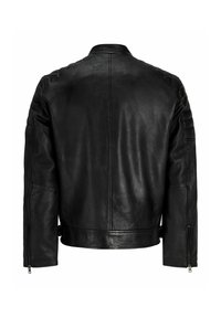 Μαύρο δερμάτινο μπουφάν με λεπτομέρειες ραμμένες στους ώμους, μακριά μανίκια με φερμουάρ στα μανσέτα και ευθεία ραφή στην πλάτη.