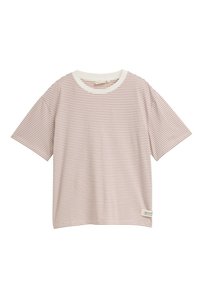 T-shirt a righe a maniche corte in rosa chiaro e bianco. Presenta un collo rotondo con una bordatura bianca a contrasto e un piccolo’etichetta con logo sull'orlo.
