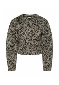 Kratka cardigan s leopardjim vzorcem v sivi in črni barvi, z zaobljenim ovratnikom, dolgimi rokavi in petimi črnimi gumbi za zapenjanje spredaj.