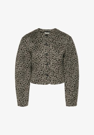 Grau- und schwarz gemusterter Leoparden-Print cropped Cardigan mit rundem Halsauschnitt, langen Ärmeln und fünf schwarzen Knöpfen zur Schließung an der Vorderseite.