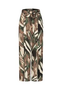 Vide bukser laget av stoff med et stort, grønt, brunt og kremfarget botanisk trykk. Har knyttet midjebånd og vertikale sømdetaljer.
