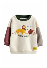Kremowa bluza z zielonymi, burgundowymi i szarymi rękawami. Zawiera lwa oraz postacie z napisem "HAKUNA MATATA". Wykonana z mieszanki bawełny z ribbowym kołnierzem.