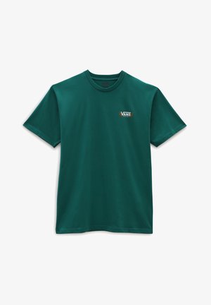 Donkergroene T-shirt met korte mouwen en ronde hals, met een klein wit Vans-logo en een bruin lauwerkransontwerp op de linkerborst.