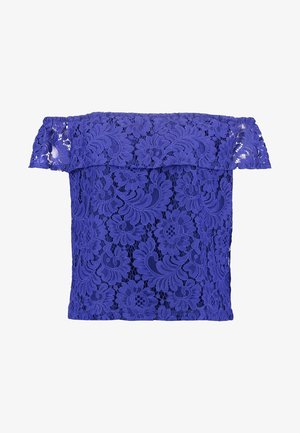 Lila Spitzentop mit schulterfreiem Design, floralem Muster und gewelltem Saum. Hergestellt aus leichtem, strukturiertem Stoff.