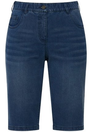 Tmavé denimové bermudové šortky s elastickým pasem, přední kapsou a hladkou texturou. Mají ohrnutý lem a klasický návrh s pěti kapsami.
