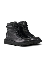 Černé kožené kotníkové boty s šňůrkami a zipem, s robustní podrážkou a polstrovaným límcem pro pohodlí a oporu.