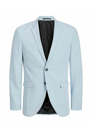 Vaaleansininen miesten bleiseri lovikauluksilla, kahdella napilla, läppätaskuilla ja mustalla vuorauksella.