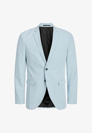 Blazer pour homme bleu clair avec revers à crans, deux boutons, poches à rabat et doublure intérieure noire.