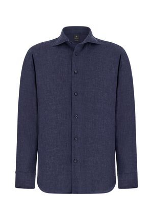 Tmavě modrá lněná košile s dlouhým rukávem, zapínáním na knoflíky vpředu, špičatým límečkem a manžetami na jeden knoflík.