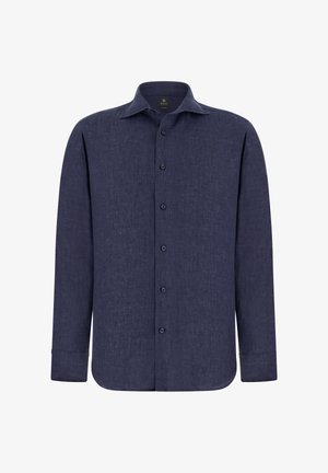 Chemise en lin bleu marine à manches longues avec fermeture boutonnée à l'avant, col pointu et poignets à un bouton.