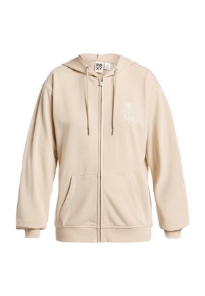 Beige zip-up hoodie gemaakt van zacht stof, voorzien van een voorzak, een capuchon met trekkoord en een subtiele palmboomprint op de linkerborst.