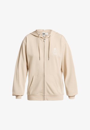 Beige Kapuzenjacke mit Reißverschluss aus weichem Stoff, mit einer Fronttasche, Kordelzugkapuze und einem dezenten Palmenmotiv auf der linken Brust.