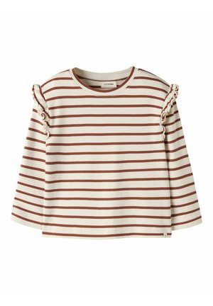 Chemise crème à manches longues avec rayures marron horizontales et détails à volants sur les coutures des épaules, col rond.