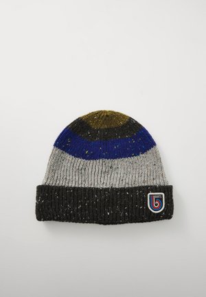 Strickmütze mit einem mehrfarbigen Muster in Grün, Blau, Grau und Schwarz; mit einem umgeschlagenen schwarzen Bündchen und einem Barts-Logo-Patch.
