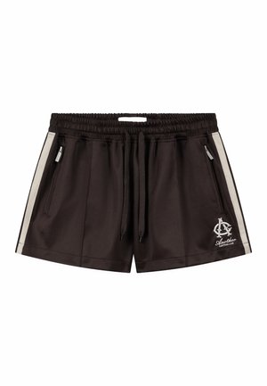 Pantaloncini sportivi neri con strisce laterali bianche, vita elastica con coulisse, tasche con cerniera e logo bianco sulla gamba sinistra.