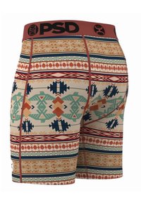 Boxeri pentru bărbați cu un model tribal. Prezintă o bază bej, designuri geometrice colorate în albastru, portocaliu și verde și o talie cu logo roșu.