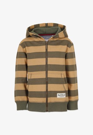 Stribet zip-up hoodie i tan og olivengrøn. Har en justerbar hætte, forlommer og ribbet mansjetter. Mærkeetiket på kanten.