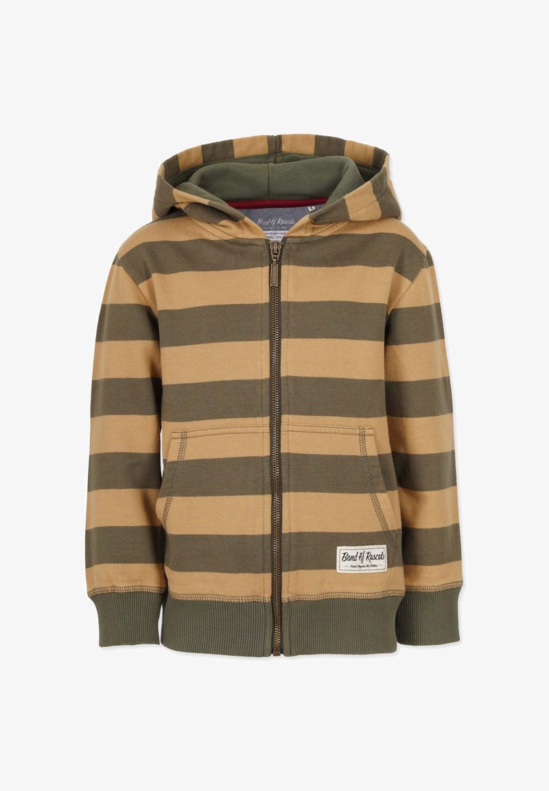 Randig zip-up hoodie i tan och olivgrön. Har en dragsko på huvan, framfickor och ribbade ärmslut. Varumärkesetikett på fållen.