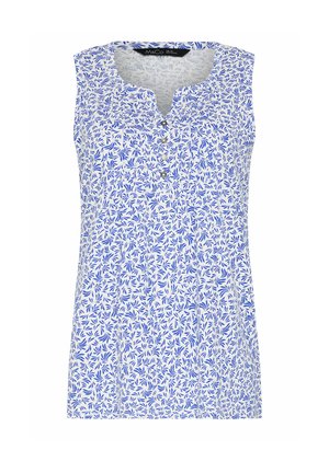 Blouse blanche sans manches avec motif de feuilles bleues, encolure ronde avec une petite fente en V, et quatre boutons à l'avant.