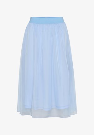 Lyseblå, knælang nederdel lavet af lagdelt gennemsigtig stof. Har en elastisk talje og en glat A-formet silhuet.