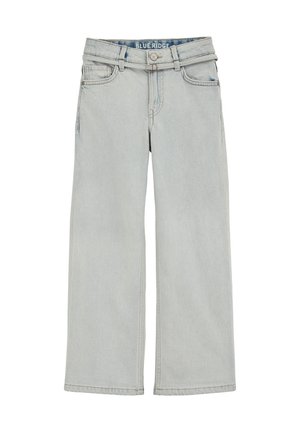 Helles blaues weites Jeansmodell aus Denim, mit Knopfverschluss, fünf Taschen und kontrastierender Steppnaht entlang der Nähte.